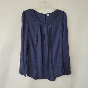 S Oliver Top Women 10 Navy Blue Button‎ Back Long Sleeve Blouse Pleated